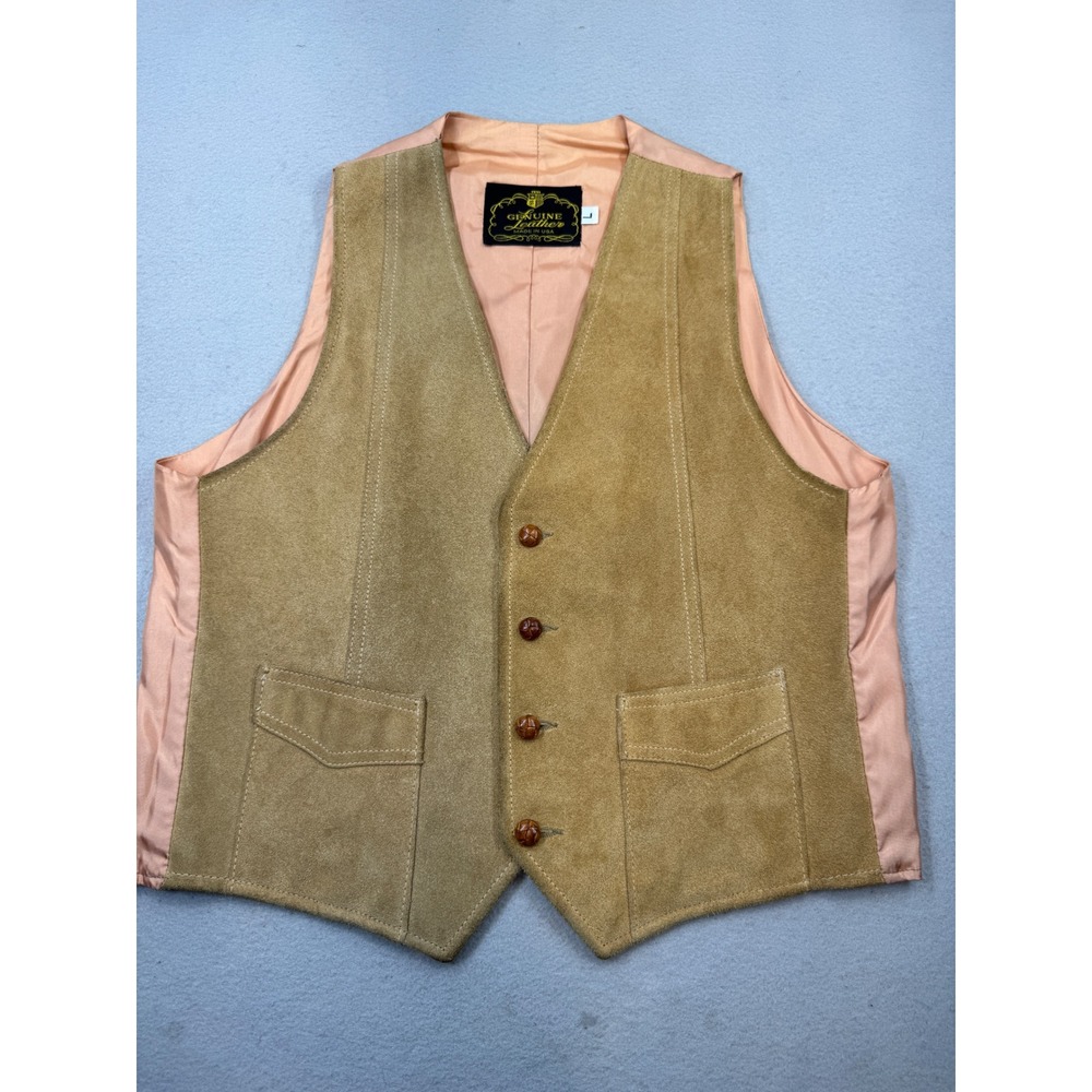 Vintage Genuine Leather Tan Suede Vest Made in USA Mens Large Western Boho